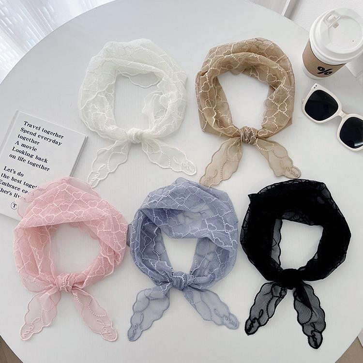 Girl French love silk scarf spring and summer new versatile lace triangle scarf printed decorative headscarf women tied hair streamer