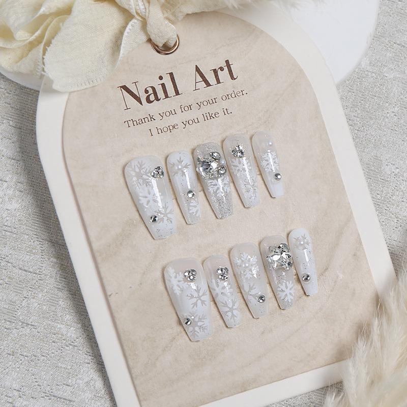

Handmade Winter Nail Art Set: White Snowflake & Crushed Diamond Design