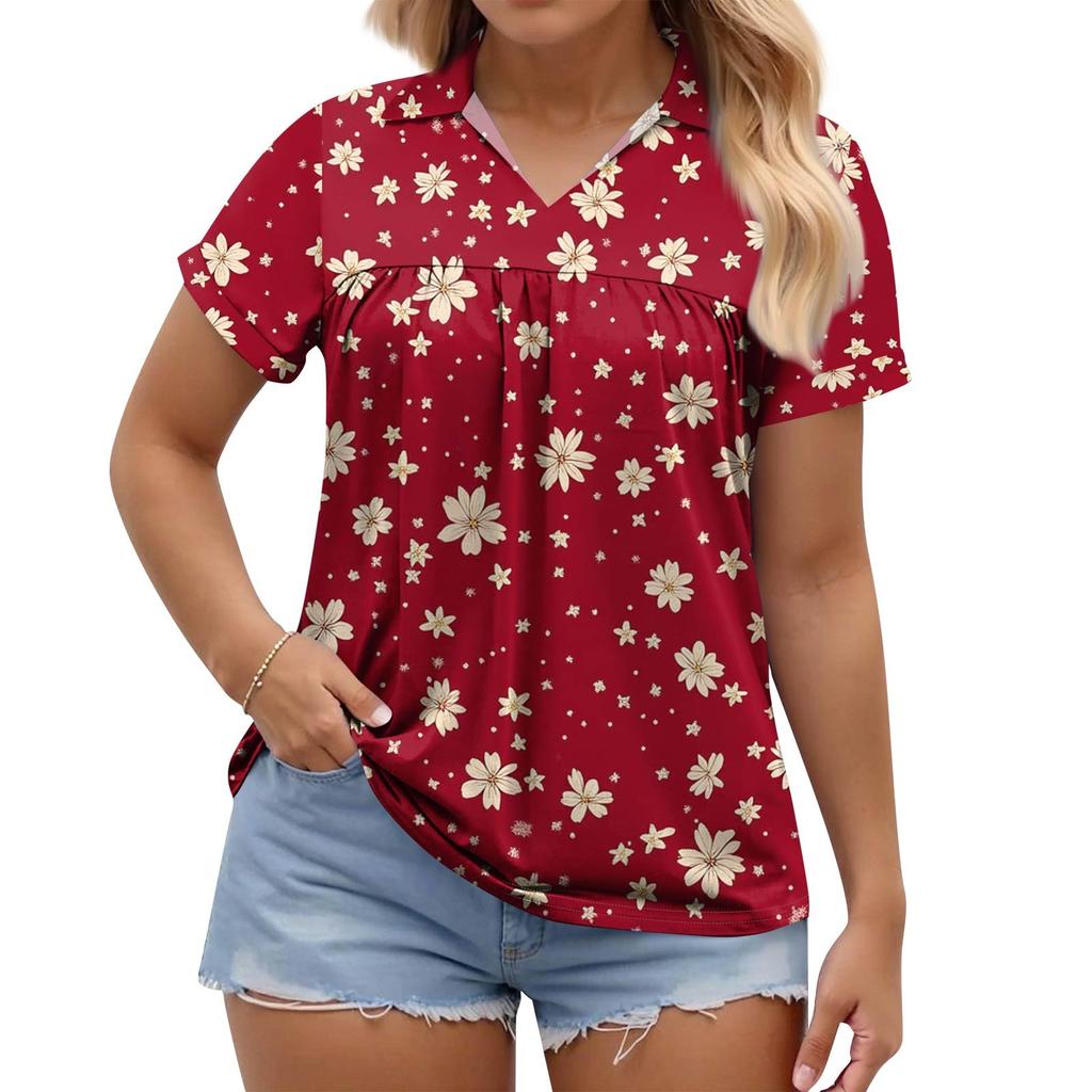 Women's Fashion Casual Printed V-Neck Short Sleeve Large Size T-Shirt Top