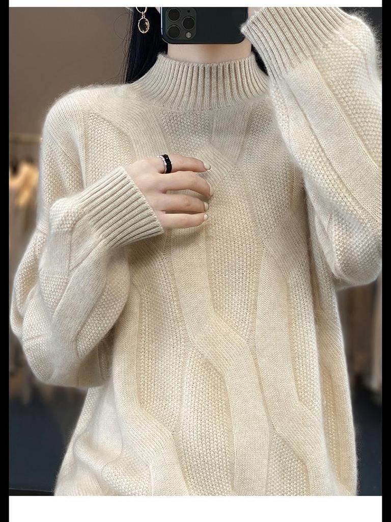 2024 Women's 100% Wool Half-High Collar Twist Sweater - Thick, Solid Color, Loose Fit, Slim Knit