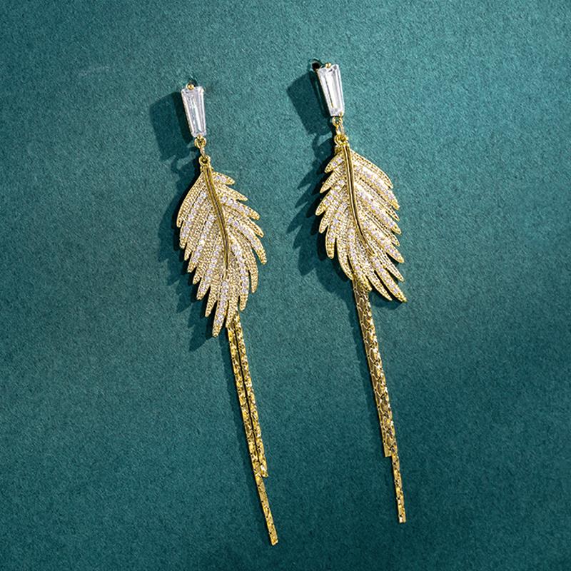 Luxury 14K Real Gold Plated Leaves Tassel Stud Earrings for Women Trending Cubic Zircon Wedding Jewelry