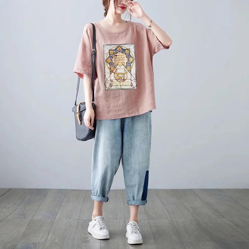 T-shirt Women Versatile Cotton Summer Casual Large Size Loose Round Neck Pullover Short-sleeved Tops
