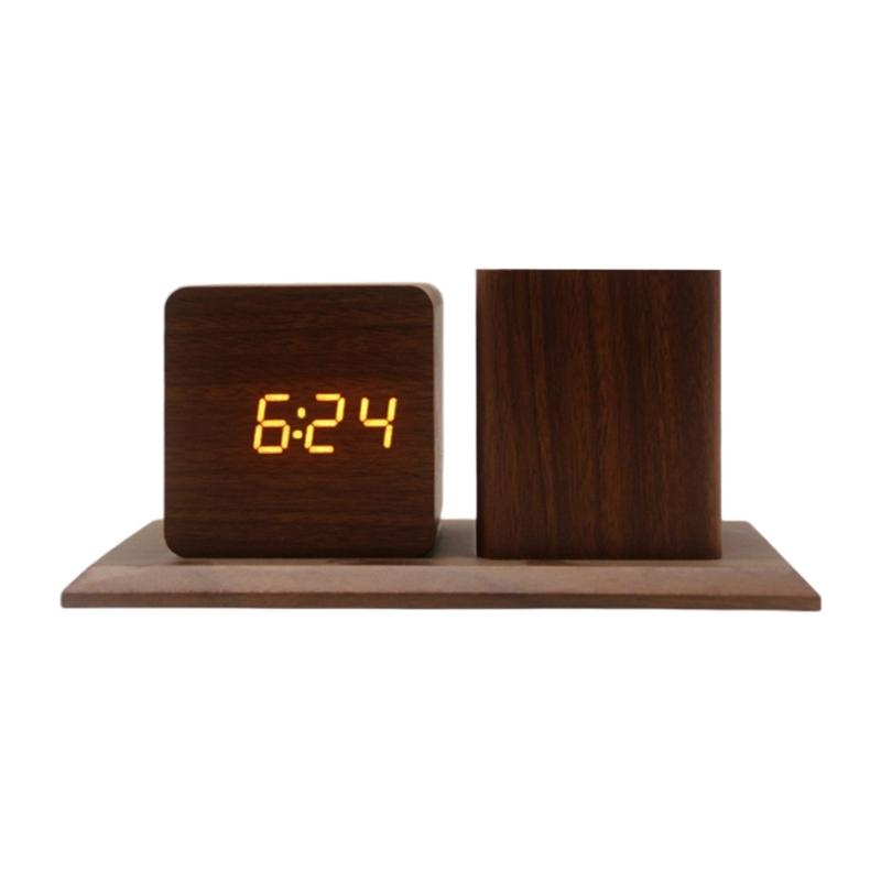 Creative Wooden Desk Item Combines Digital Alarm Clock With Pen Storage Section faint Setting And Three Alarm picks