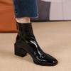 2025New Patent Leather Women's Autumn and Winter Square-toed Chunky Heel Shows Slimming High-heeled Short-leg Boots