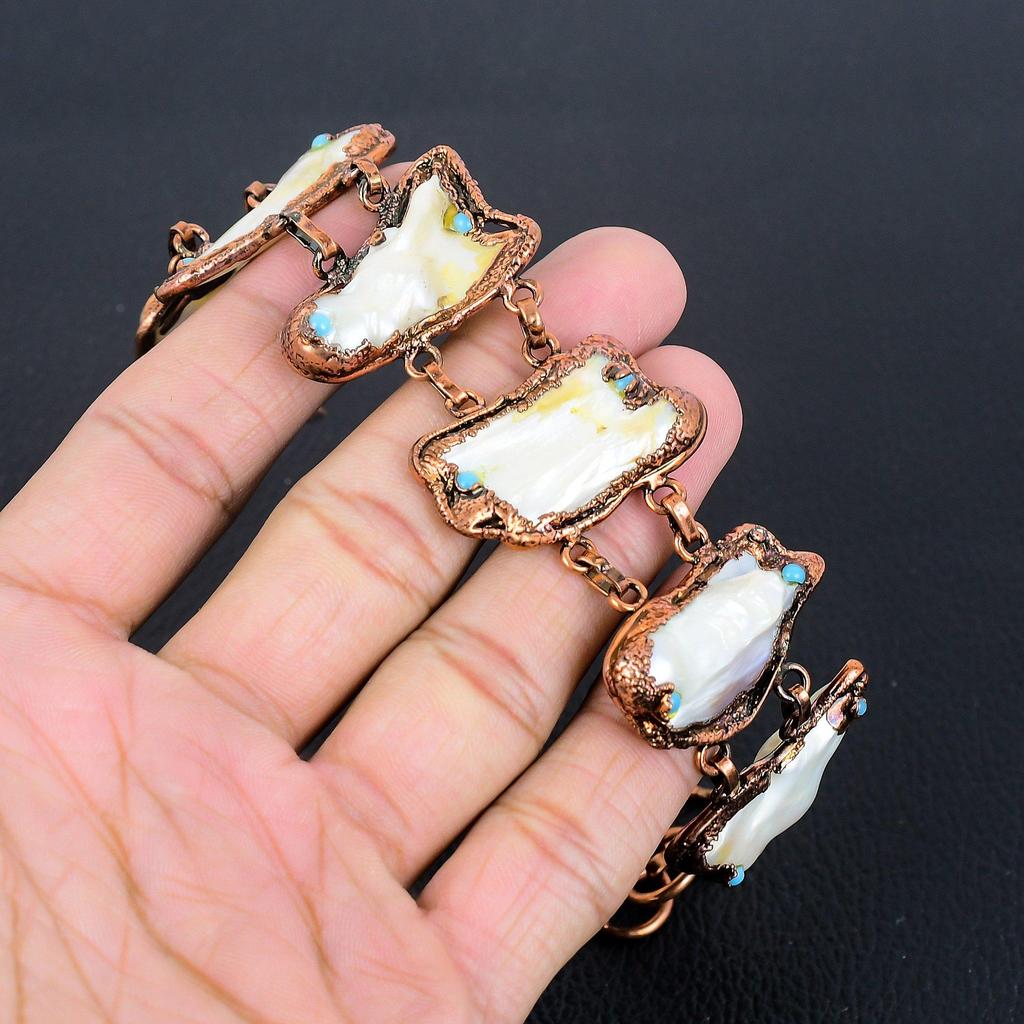 Blistar Biwa Pearl Bracelet, Copper Electroformed Gemstone Jewelry, Handmade Bracelet For Mother Day