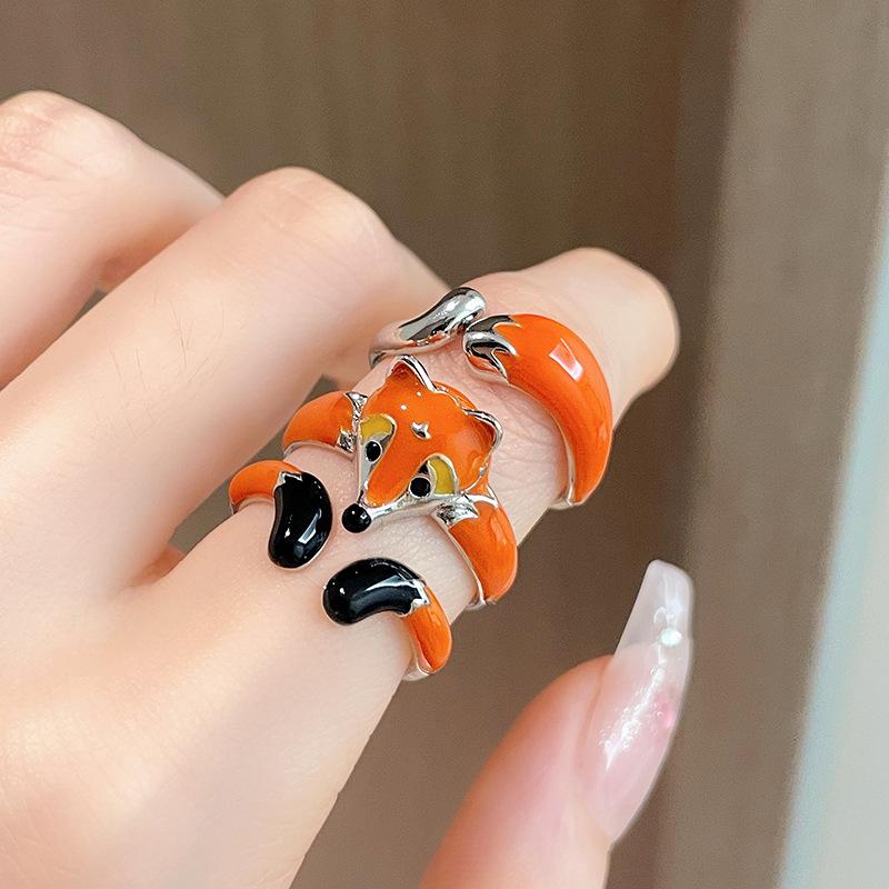 Cartoon Niedlich Fuchs Tiger Offener Ring Set Tropfender Emaille Personalisierter Mode High-End Schmuck Damen