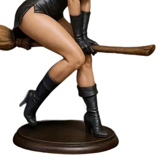 Sexy Witch Bookshelf Figurine Hand-Painted Resin Gothic Dark Fairy Witch Riding on Magic Broom Seductive Sorcery Witch Statue for Home Decor