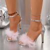 Fashion Luxury Brand Designer Faux Fur Strap Ankle Strap Sandals Women Super High Heels Sandals Fashion Long Plush Party Dress Shoes