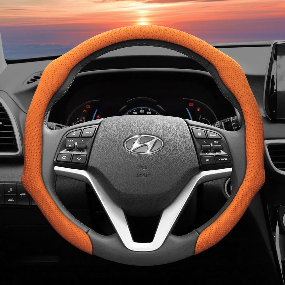 Suitable for Hyundai Perforated Leather Steering Wheel Cover, Non-Slip, Sweat-Absorbent, Breathable, Integrated Protective Case Elantra N Sonata Ioniq