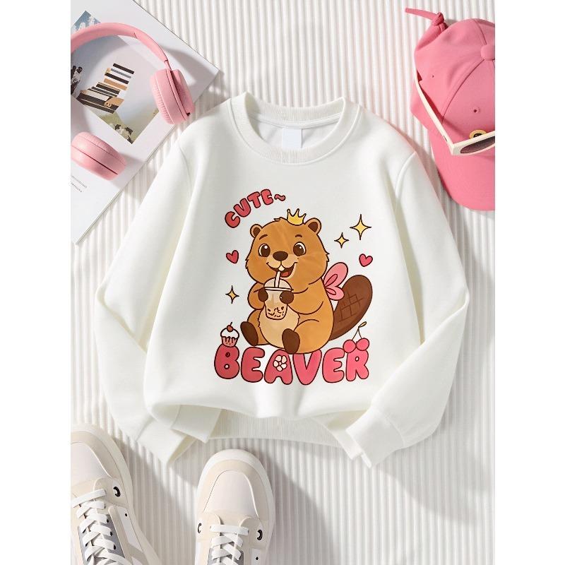 Kids Sweatshirt,Crew Neck Fashion Top, Fun "Cute Beaver Drinking" Patterned Sweatshirt, for Everyday Casual Wear, for All Kinds of Daily Outfits