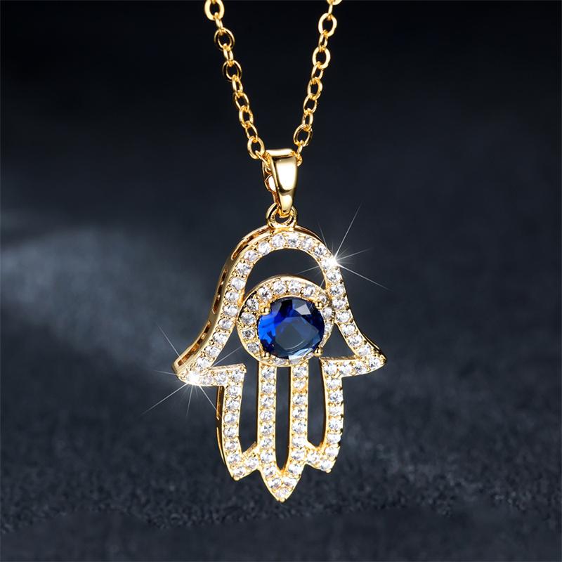

Милое женское маленькое ожерелье с подвеской в ​​виде руки, желтое золото, цветные ожерелья для женщин, роскошный синий круглый циркониевый камень, свадебные украшения