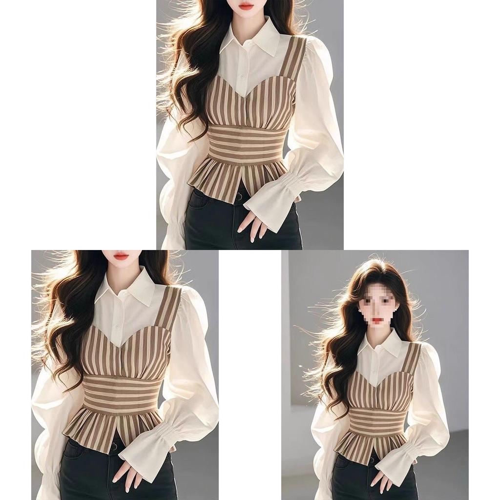 Soft Satin Striped Puffed Sleeveless Shirt For Spring Chic Womens Fashion