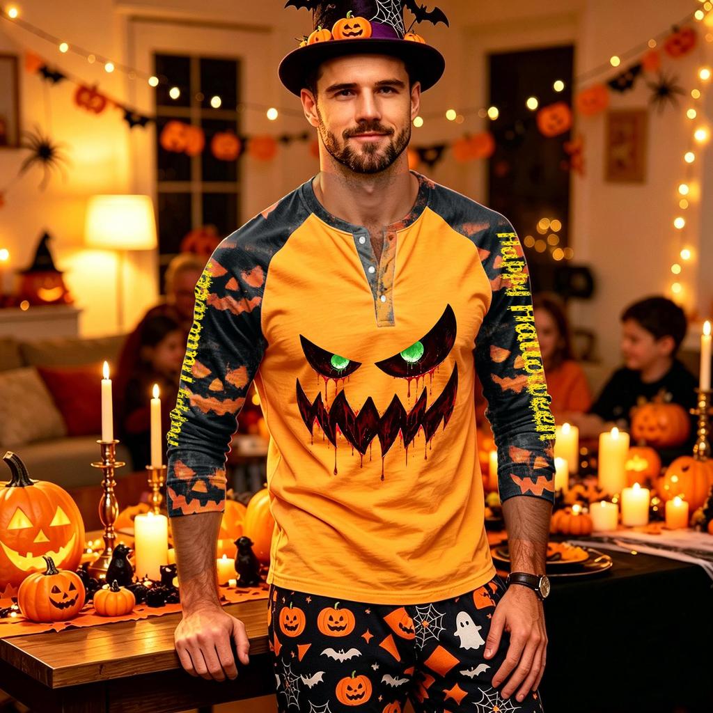 Men's Long Sleeve Shirt with Halloween Print Pattern for Casual Wear