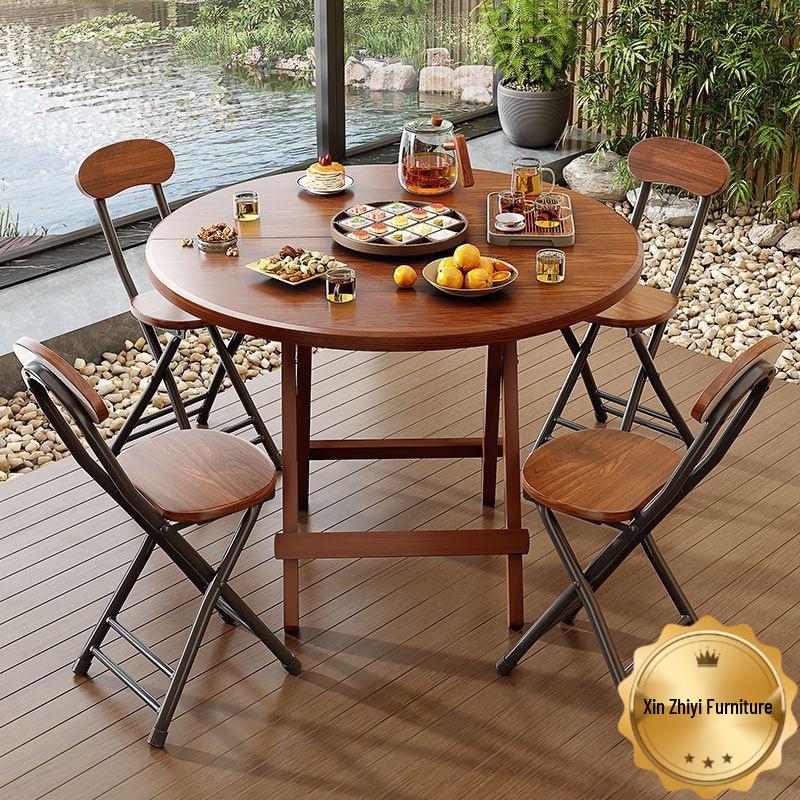 Compact Round Folding Dining Table: Portable Wooden Multi-functional for Small Spaces and Outdoor Use.