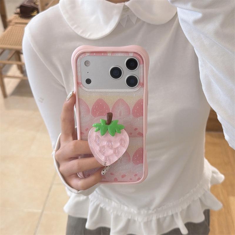 Korean 3D Strawberry Stand-Compatible iPhone Case for iPhone 14/15/16 Pro Max/17