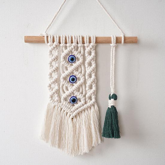 Bohemian Wall Tapestry, Blue Evil Eye Braided Tapestry, Knotted Cotton Rope Tapestry for Home Nursery Bedroom Living Room Wall Decor