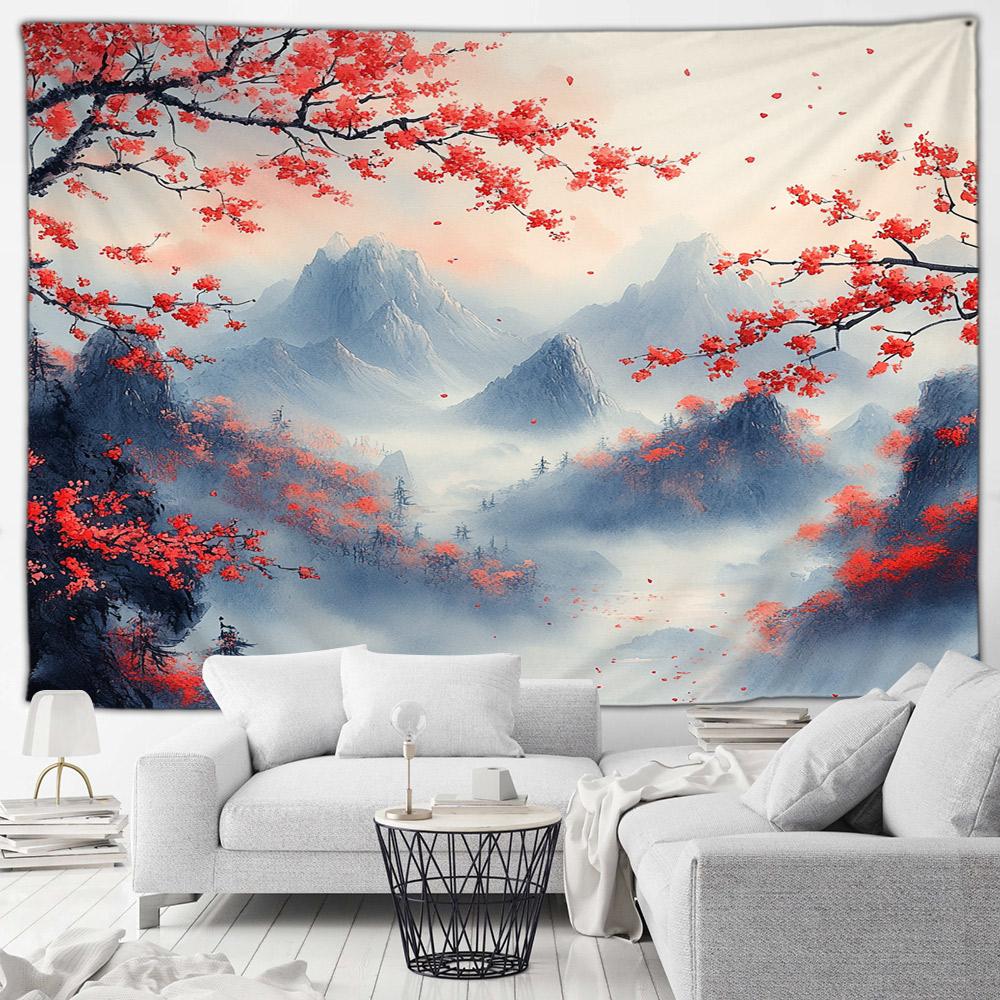 Asian Style Landscape Tapestry Nature Scenery Forest Waterfall Bedroom Living Room Home Wall Hanging Decor Natural Tapestry
