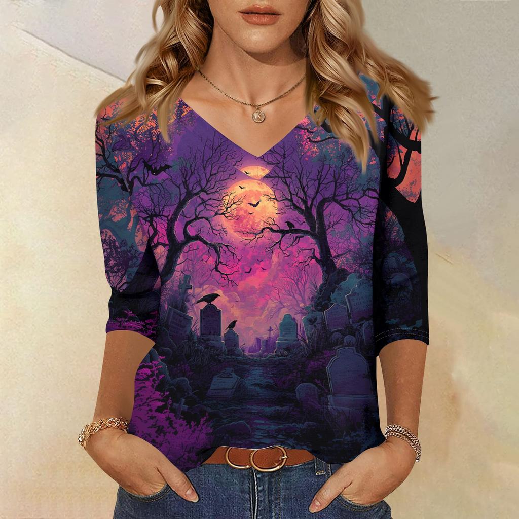 Women Casual Halloween Print V Neck Top Three Quarter Sleeve Lightweight Loose Fit Pullover Shirt for Fall Seasonal Wear