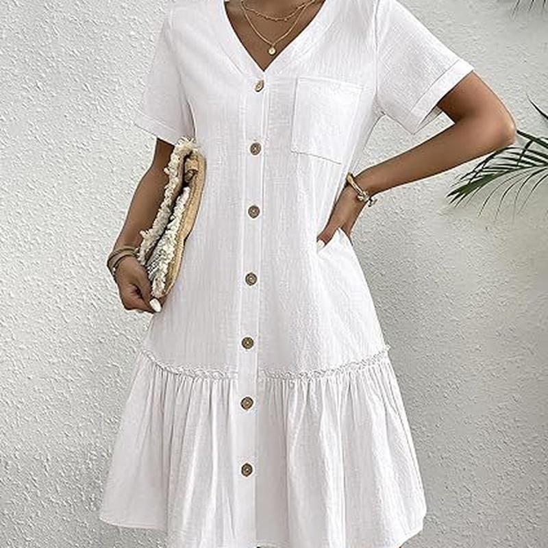 Women Button Down Dress Loose Summer Cotton Linen Dress Ruffle Hem Casual Dress Short Sleeve Tunic Dress