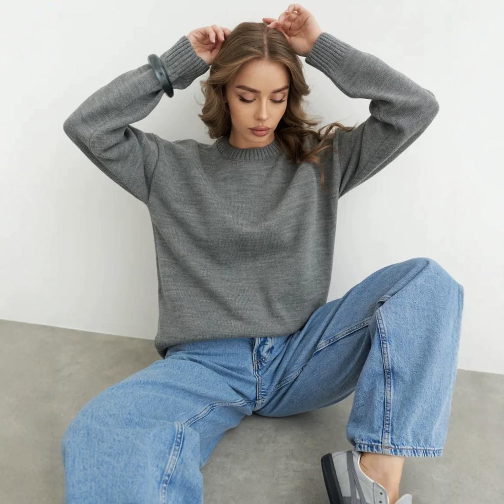 Foreign Trade Hot-selling Round Neck Solid Color Simple Temperament Versatile Loose Short Sweater Women's European and American Casual Knitted 