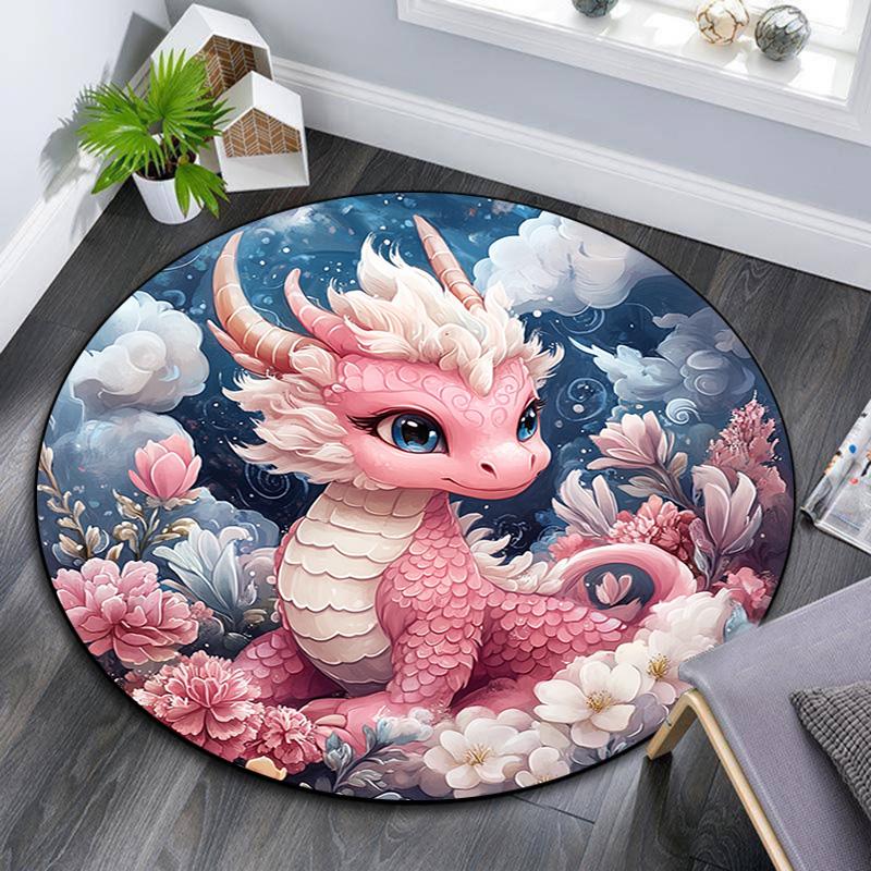 Pink Dragon Round Area Rug,Carpet Rug for Living Room Bedroom Sofa Playroom Decor,Non-slip Floor Mat