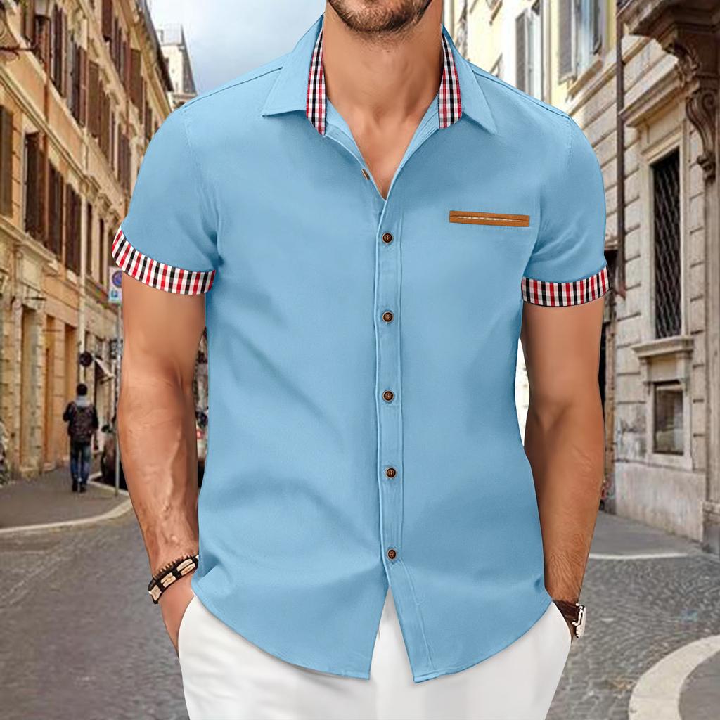 Men's Casual Checkered Color-blocked Shirt, Men's Fitted Lapel Button Short-sleeved Top