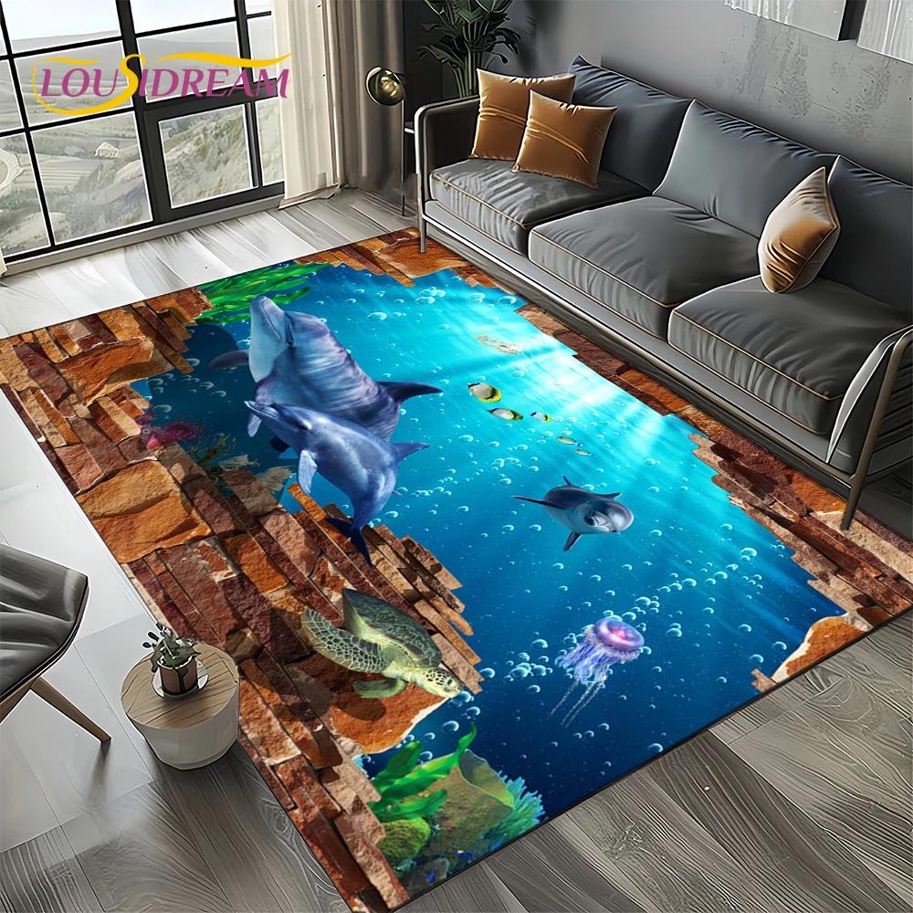 Underwater World 3D Illusion Seabed Cartoon Shark Dolphin Carpet Rug for Living Room Bedroom Home Sofa Decoration,Floor Mat Kid