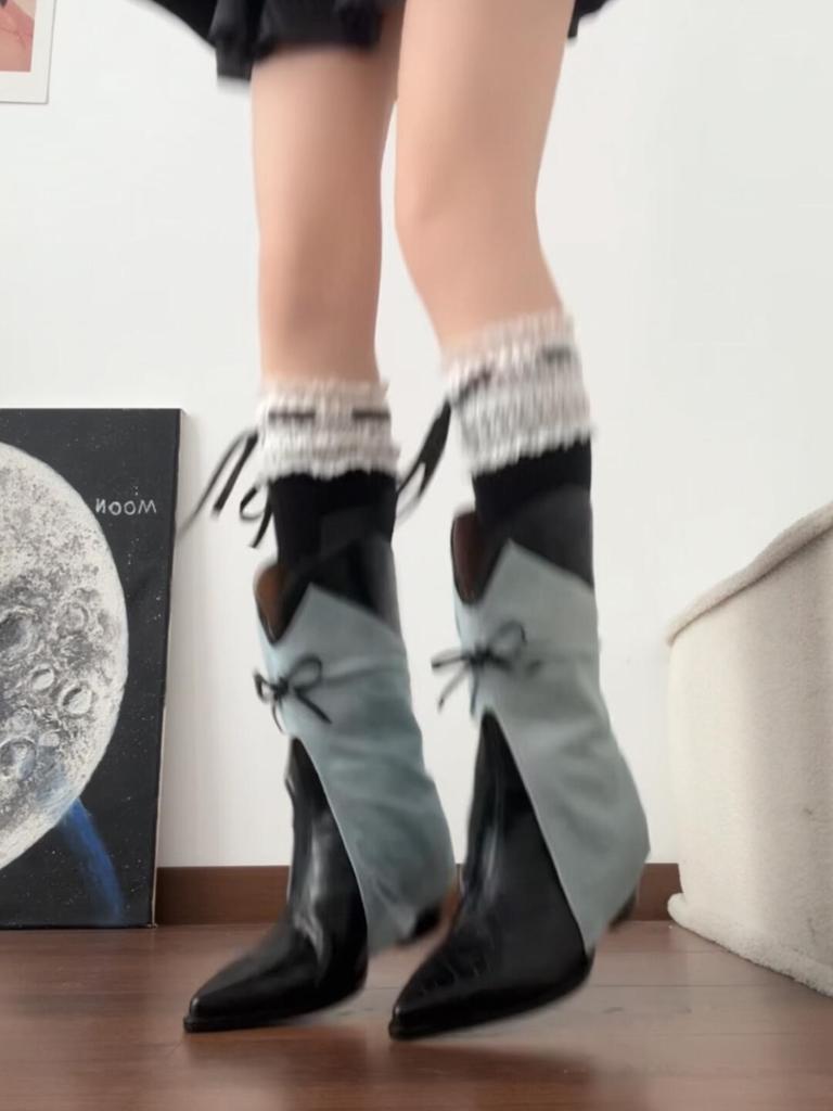 Nischendesign spitze Denim-Shorts Röhrenstiefel Damen 2025 Herbst Keilabsatz Schleife Kurze Stiefel Damen Designer Tide