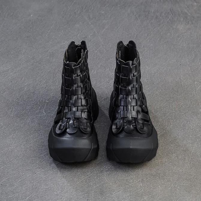 Johnature Cizme de vară țesute manual și respirabile, din piele naturală, retro, confortabile, cu talpă groasă, pantofi de damă