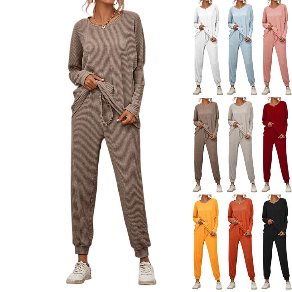Women's 2 Piece Outfits Sets Ruched Long Sleeve Tops  Wide Leg Pants Tracksuit Sets