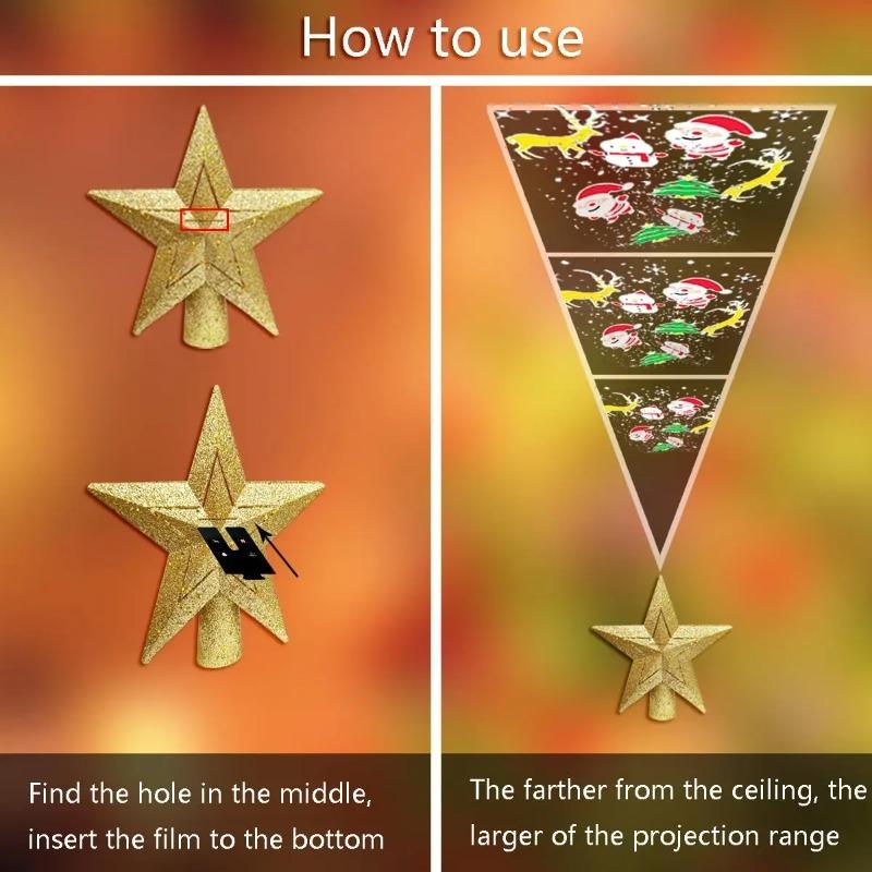 Christmas Tree Topper Projector Gold Star with Highlight LED Rotating Snowflakes and Santa Claus Projector Xmas Tree Top Decore
