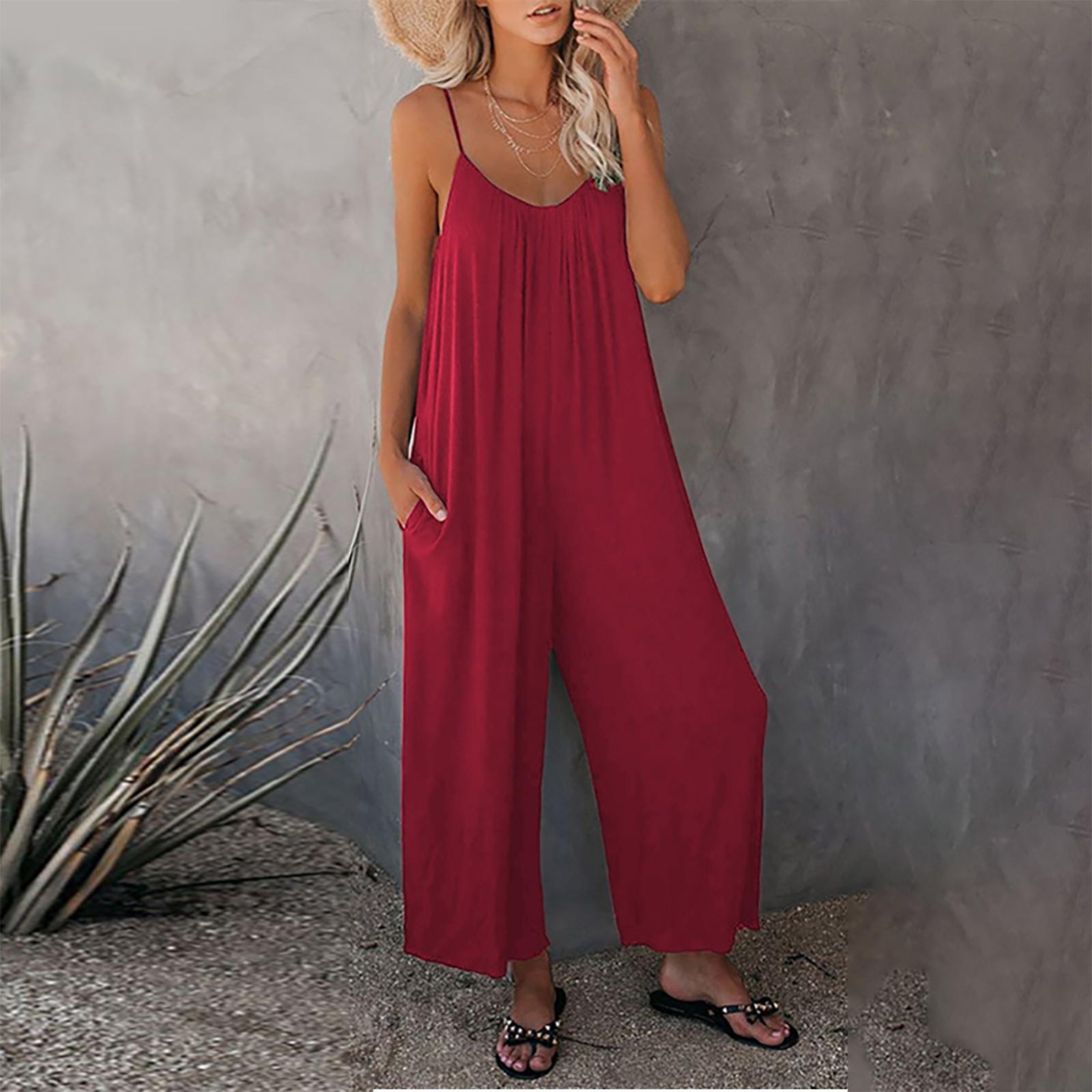 

Женский повседневный однотонный свободный комбинезон большого размера с карманами и подтяжками XXXL красный