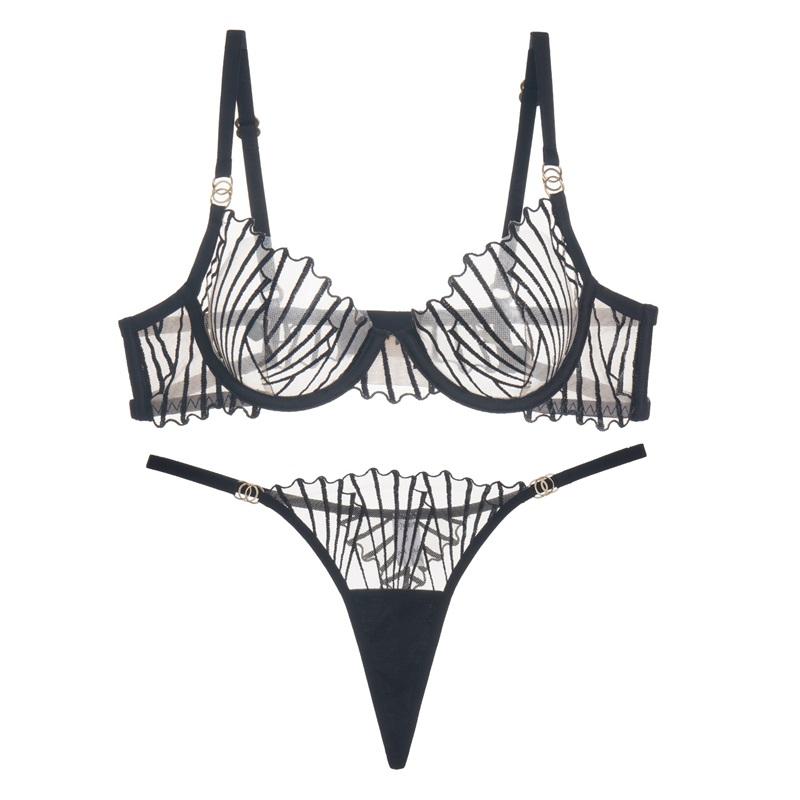 

Женский комплект нижнего белья Рыбья косточка Французский Пуш-ап Бюстгальтер Ультратонкое Дышащее Вышитое Кружевное Белье На косточках Полупрозрачное Белье Комплект из двух предметов L чёрный