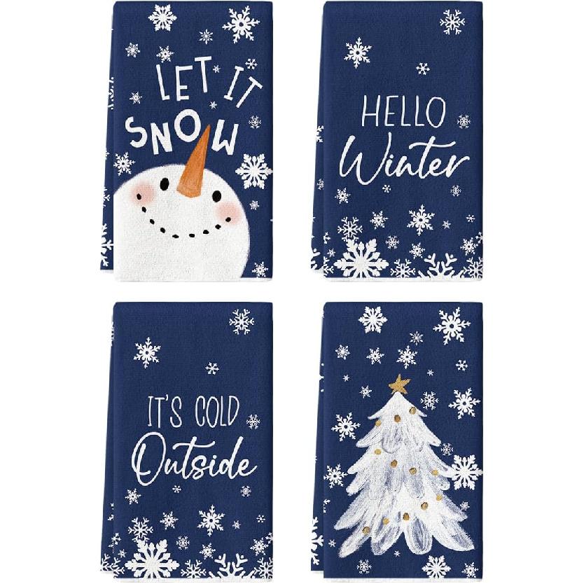 Artoid Mode Black Cute Snowman Hello Winter Kitchen Towels Dish Towels, 18x26 Inch Farmhouse Holiday Snowflake Decoration Cleaning Set of 4