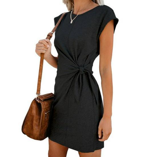 2019 Women's European & American Round Neck Tie Waist Loose Short Sleeve Dress