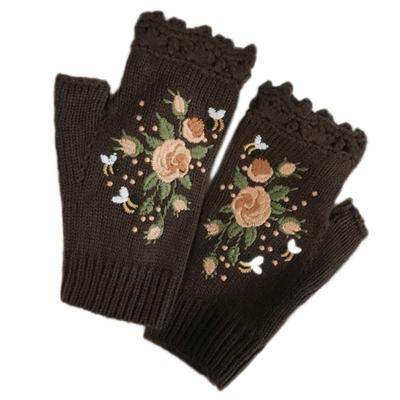 Soft Floral Bee Embroidery Knitted Fingerless Gloves Keep Warm Thumb Holes Fingerless Gloves Flower Mittens Women