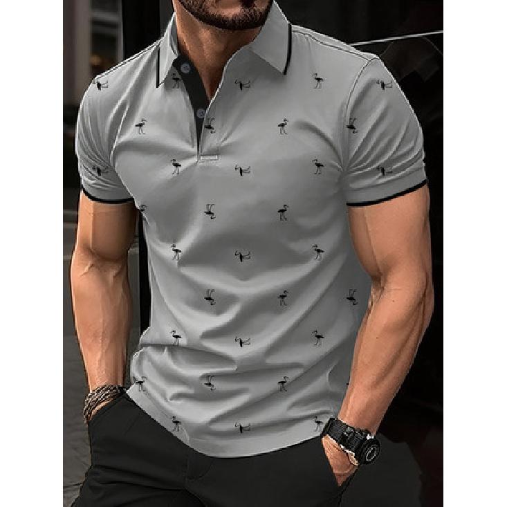 Men's Flamingo Print Short-Sleeve Polo Shirt with Stylish and Unique Design for Street Fashion