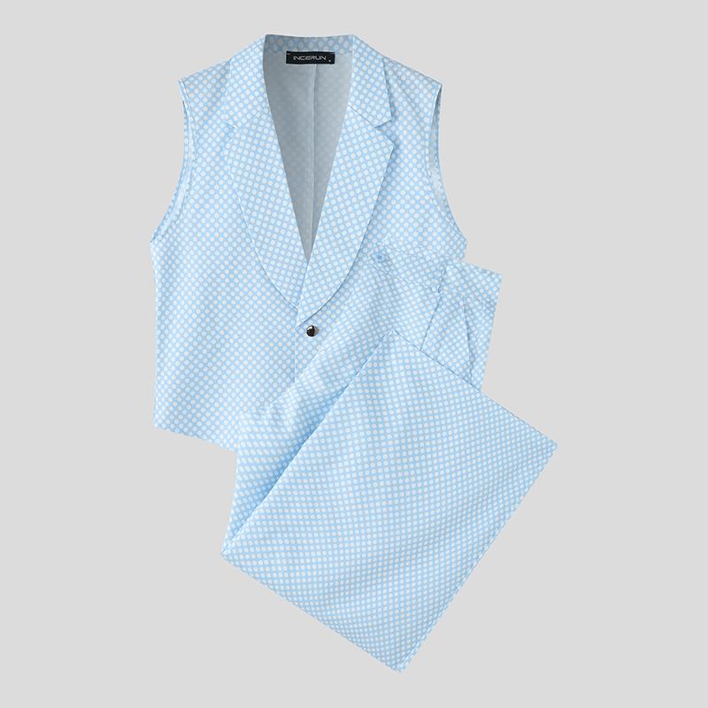 INCERUN Men Outfits Polka Dots Print Sleeveless Tops Long Pants Casual Sets