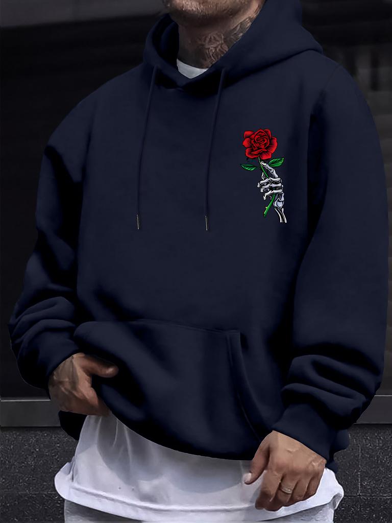 Men's Fashion Casual Streetwear for Autumn and Winter, Featuring A Warm Fleece Hoodie with A Rose Print and A Drawstring Hood.