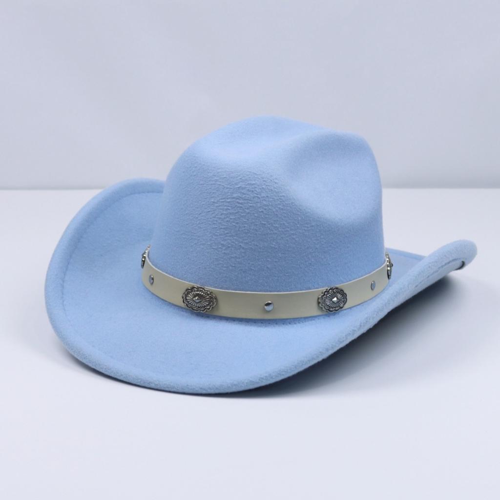 Men's and women's Panama-style soft felt cowboy hat with metal flower shape and white leather belt, suitable for parties