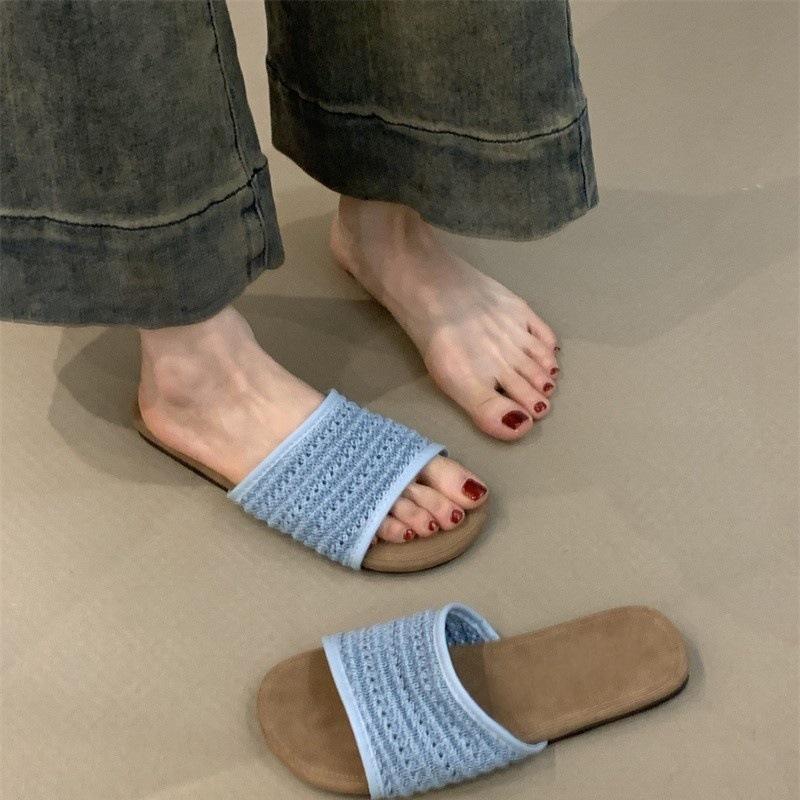 One Word Cool Slippers Women's Shoes 2025 Summer Korean Version Lazy Wind Woven Vacation Cool Slippers Women's Shoes