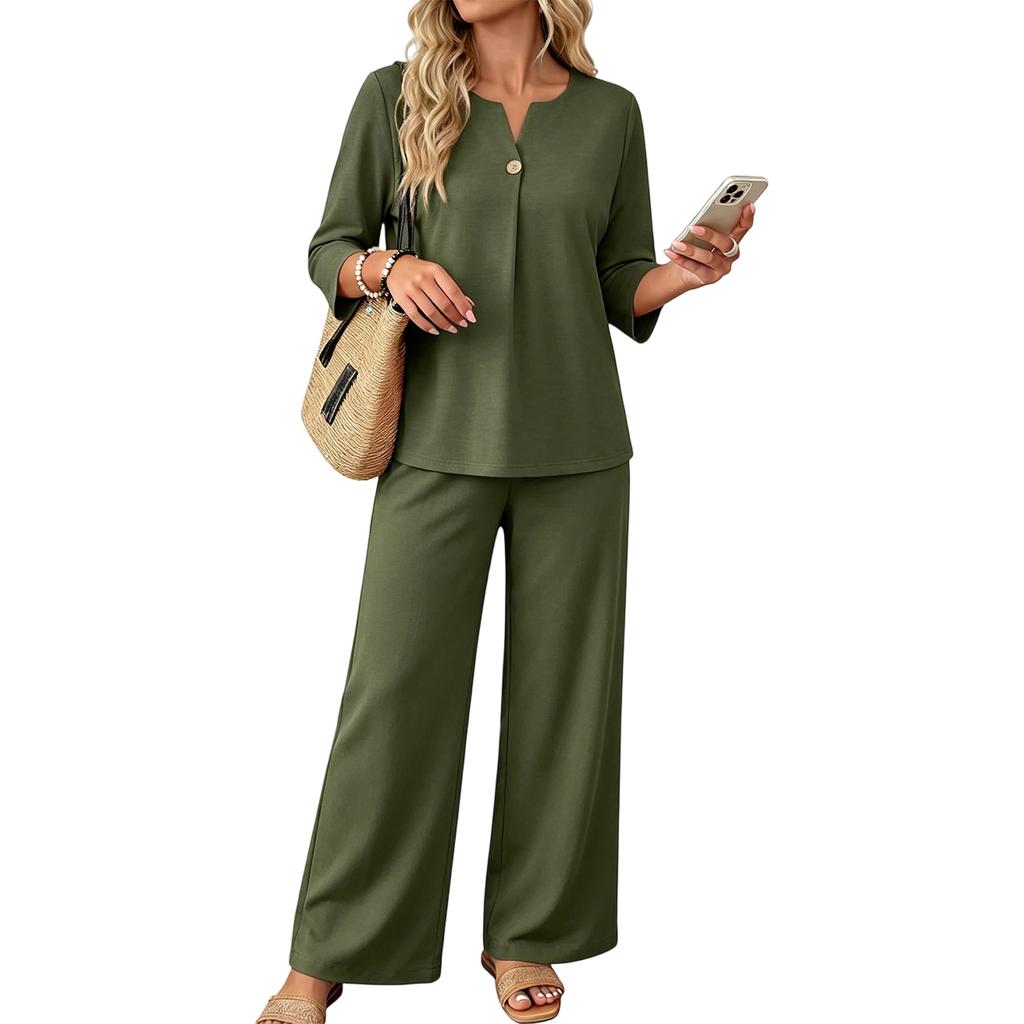 Women’s Casual Two Piece Outfit Seven Sleeve Button Top and Wide Leg Pants Set for Everyday Comfort and Relaxed Style