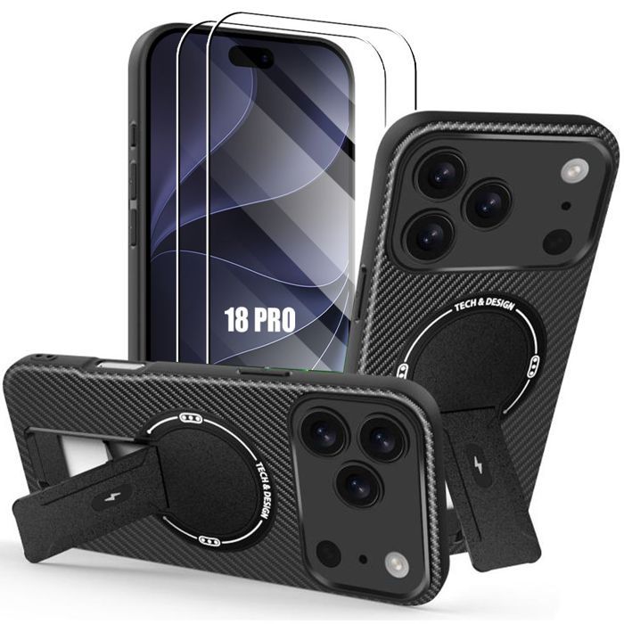 Coque pour iPhone 18 Pro, Silicone avec Support et Cercle Magnétique - Noir - 2 Verres Trempés