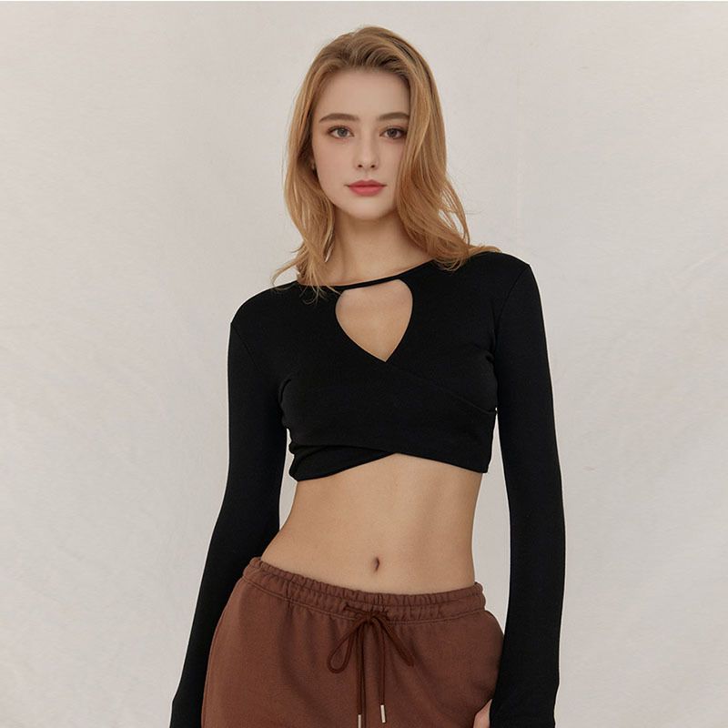 

2025 Autumn New American Style Sexy Chest Hollow-out Pullover Long Sleeve Yoga Wear Short Midriff Outfit High Elasticity Workout Top Black(No chest pad) M