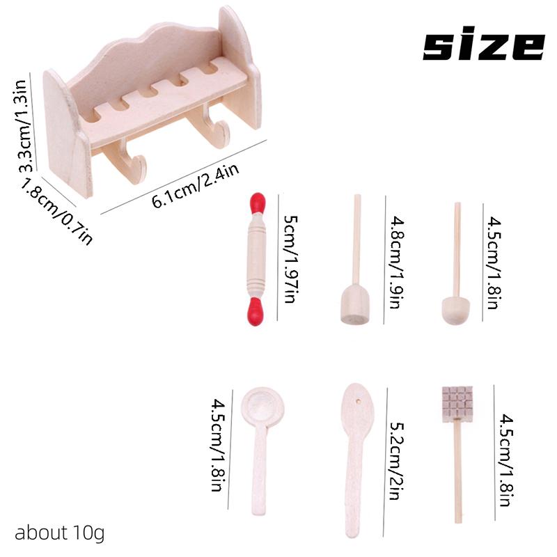 1Set Dollhouse Miniature Cookware Rolling Pin Spoon With Storage Rack Kitchen Utensils Model Doll House Decor Accessories