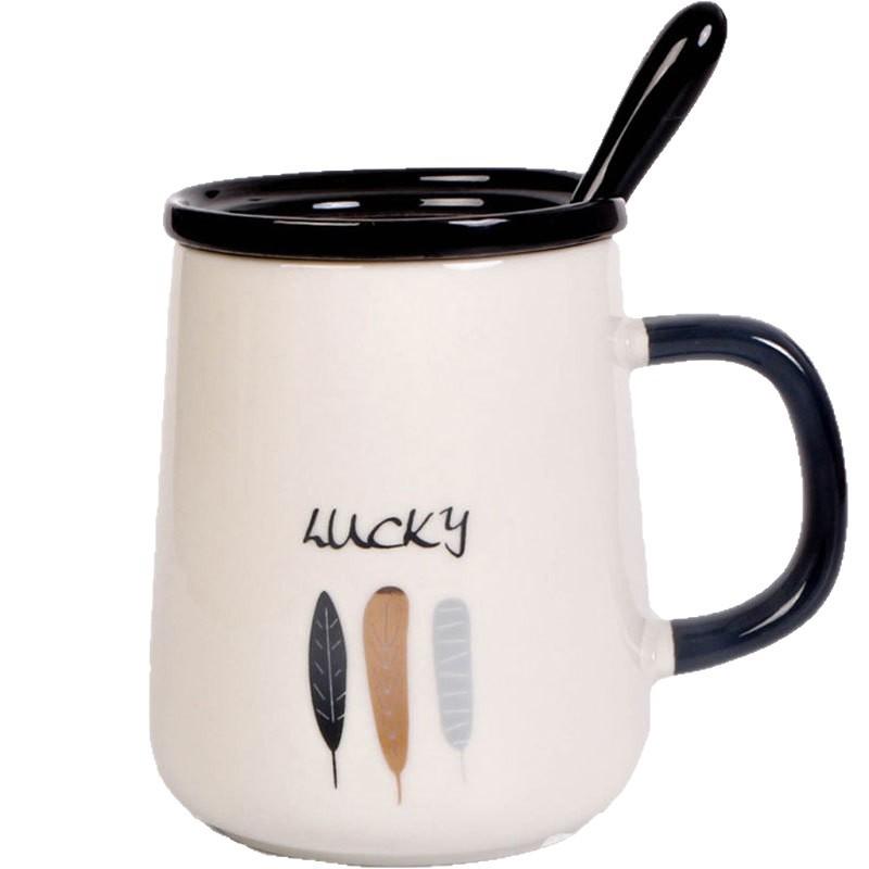 Taza de Estilo Nórdico con Tapa Cuchara Taza de Cerámica para Pareja Mujeres Creativa Hogar Oficina Desayuno Café Taza de Agua Hombres