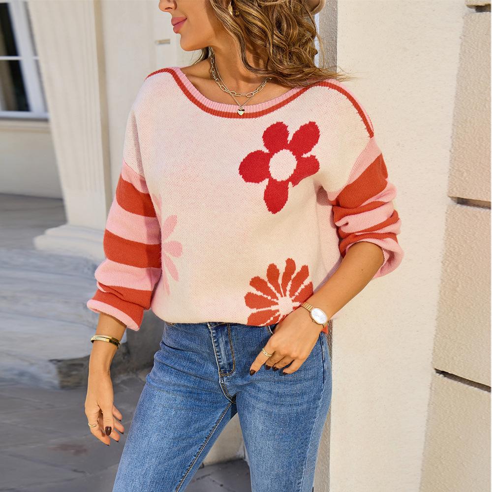 2025 Autumn and Winter New Plus Size Women's Clothing Splicing Fashionable Flower Striped Crew Neck Long-sleeved Versatile Sweater