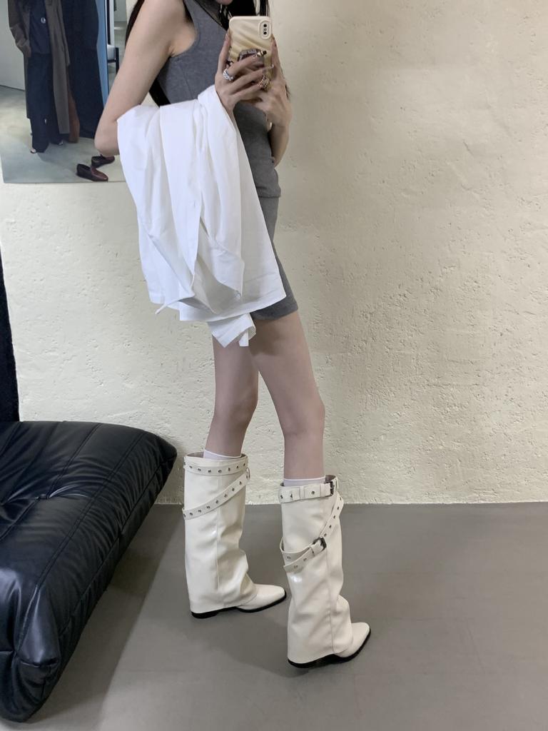 Western Cowboy Boots Pleated Pile Pile Knight Boots Punk Thick Heel Pointed Pants Boots Belt Buckle Boots