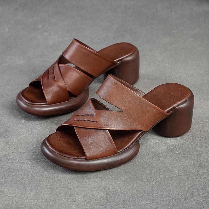 

Johnature дышащие шлепанцы на высоком каблуке с открытым носком, повседневные шлепанцы из натуральной кожи с открытым носком, универсальная женская обувь 39 красно-коричневый