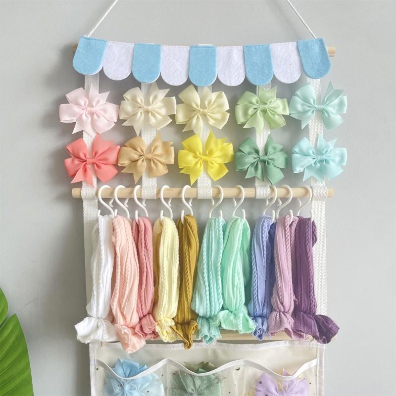 Durable Wooden Hair Bowknot Storage Rack Featuring Fabric Hook For Organizing Headbands Clips And Hair Accessories